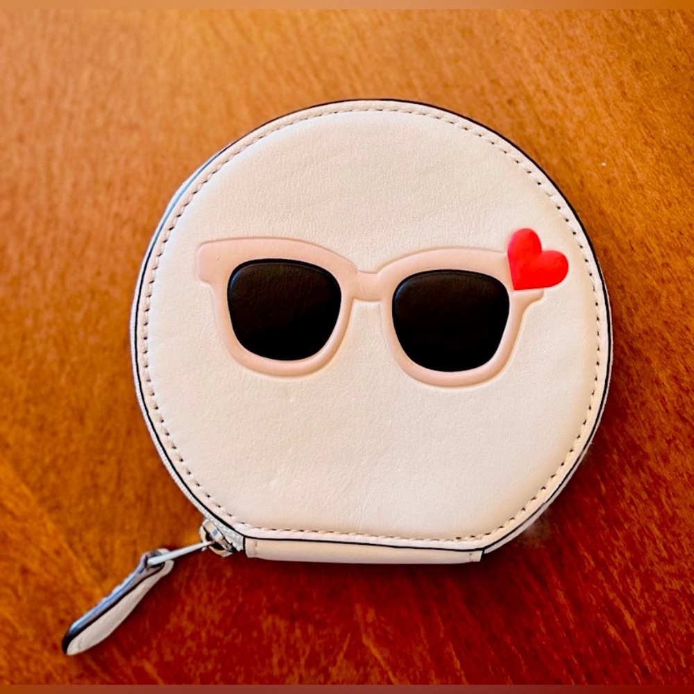 Coach Leather Coin Case Wallet White With Sunglasses Print